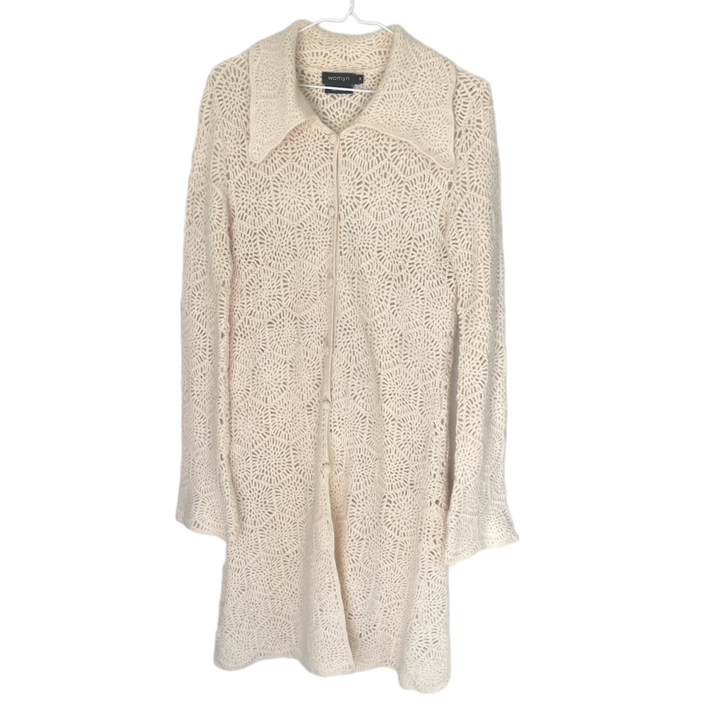 Womyn Cream Crochet Long Cardigan Sweater